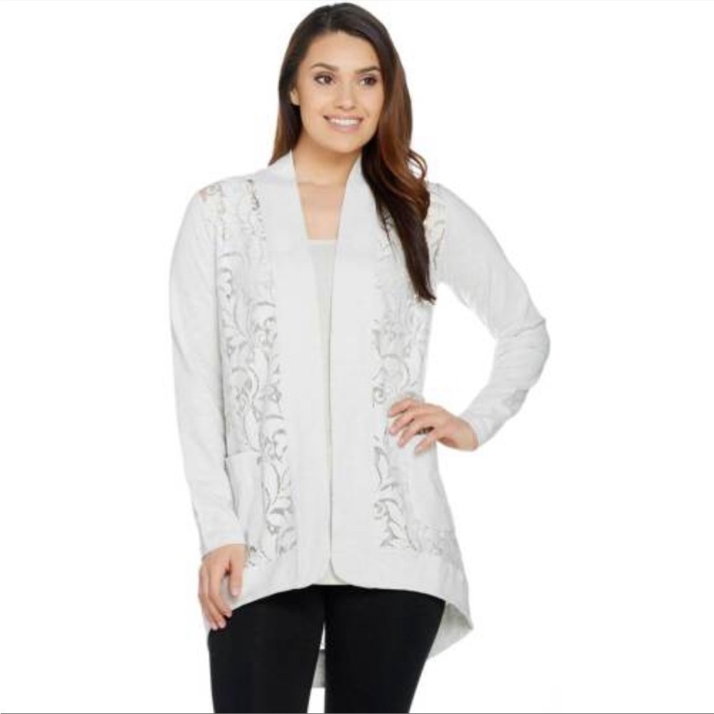 Logo Lori Goldstein Open Front Slub Cardigan Lace White Floral Lightweight QVC